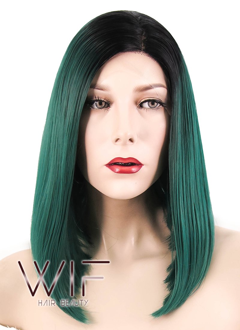 14" Straight Dark Green With Dark Roots Lace Front Synthetic Wig LF819