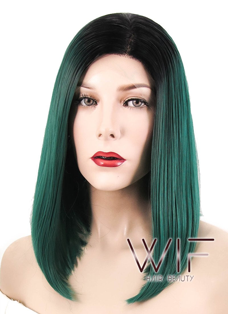 14" Straight Dark Green With Dark Roots Lace Front Synthetic Wig LF819