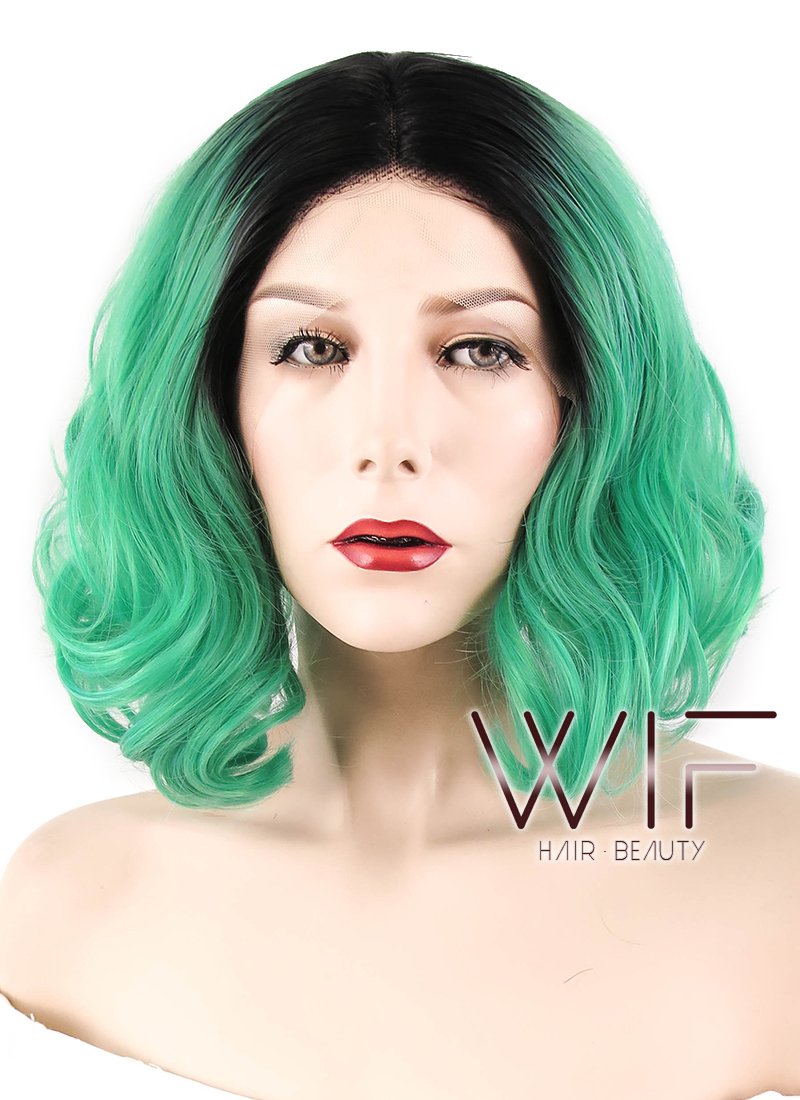 12" Wavy Green With Dark Roots Lace Front Synthetic Wig LF823