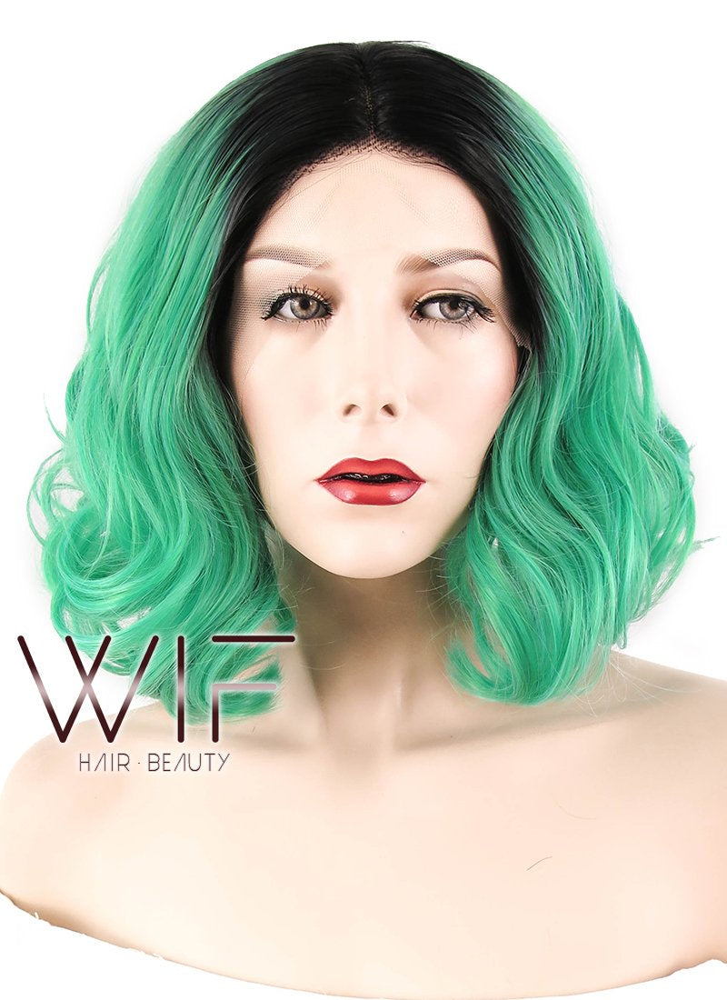 12" Wavy Green With Dark Roots Lace Front Synthetic Wig LF823