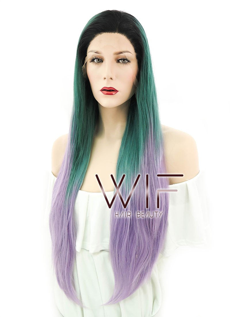 28" Straight Green Purple Ombre With Dark Roots Lace Front Synthetic Wig LF830