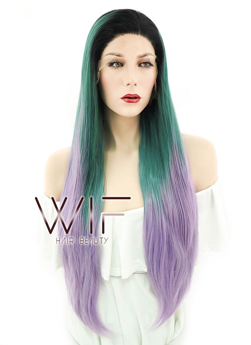 28" Straight Green Purple Ombre With Dark Roots Lace Front Synthetic Wig LF830