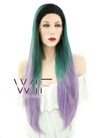 28" Straight Green Purple Ombre With Dark Roots Lace Front Synthetic Wig LF830