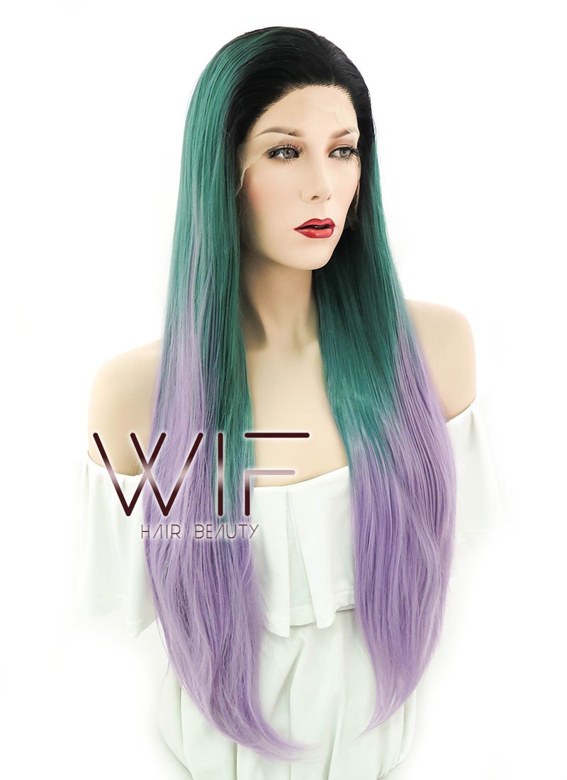 28" Straight Green Purple Ombre With Dark Roots Lace Front Synthetic Wig LF830