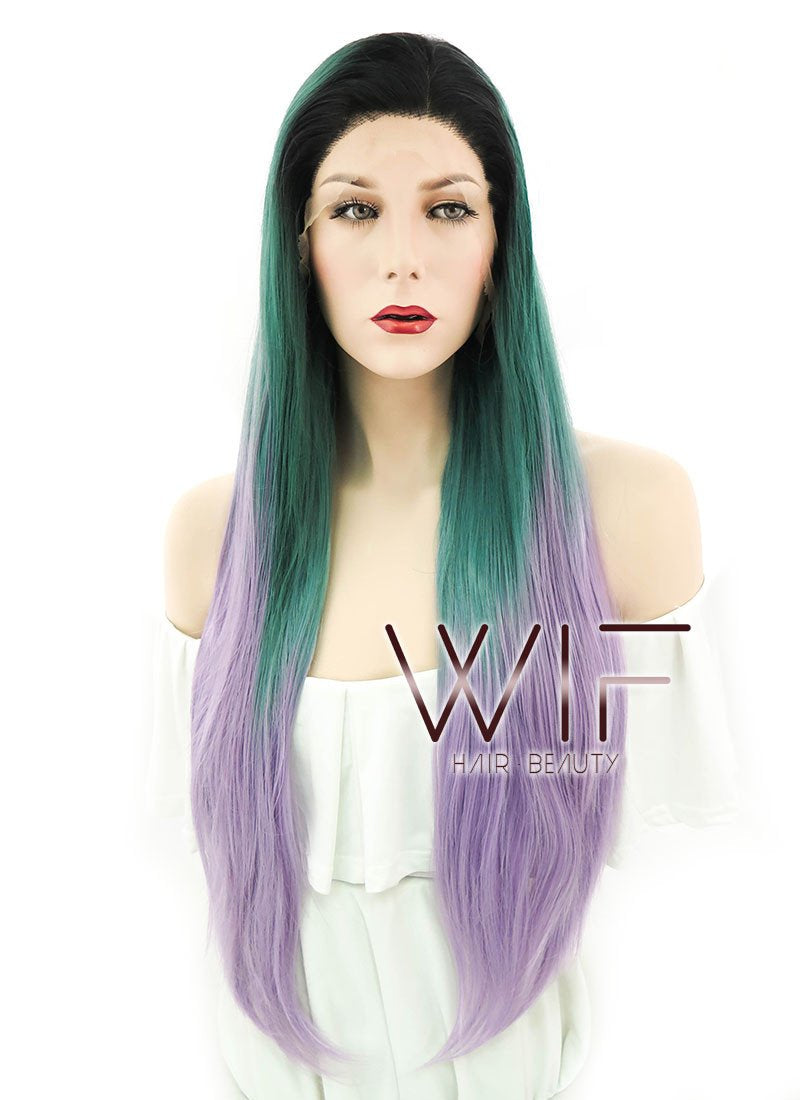 28" Straight Green Purple Ombre With Dark Roots Lace Front Synthetic Wig LF830