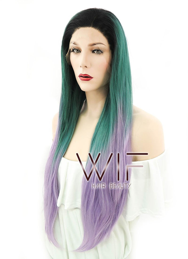 28" Straight Green Purple Ombre With Dark Roots Lace Front Synthetic Wig LF830