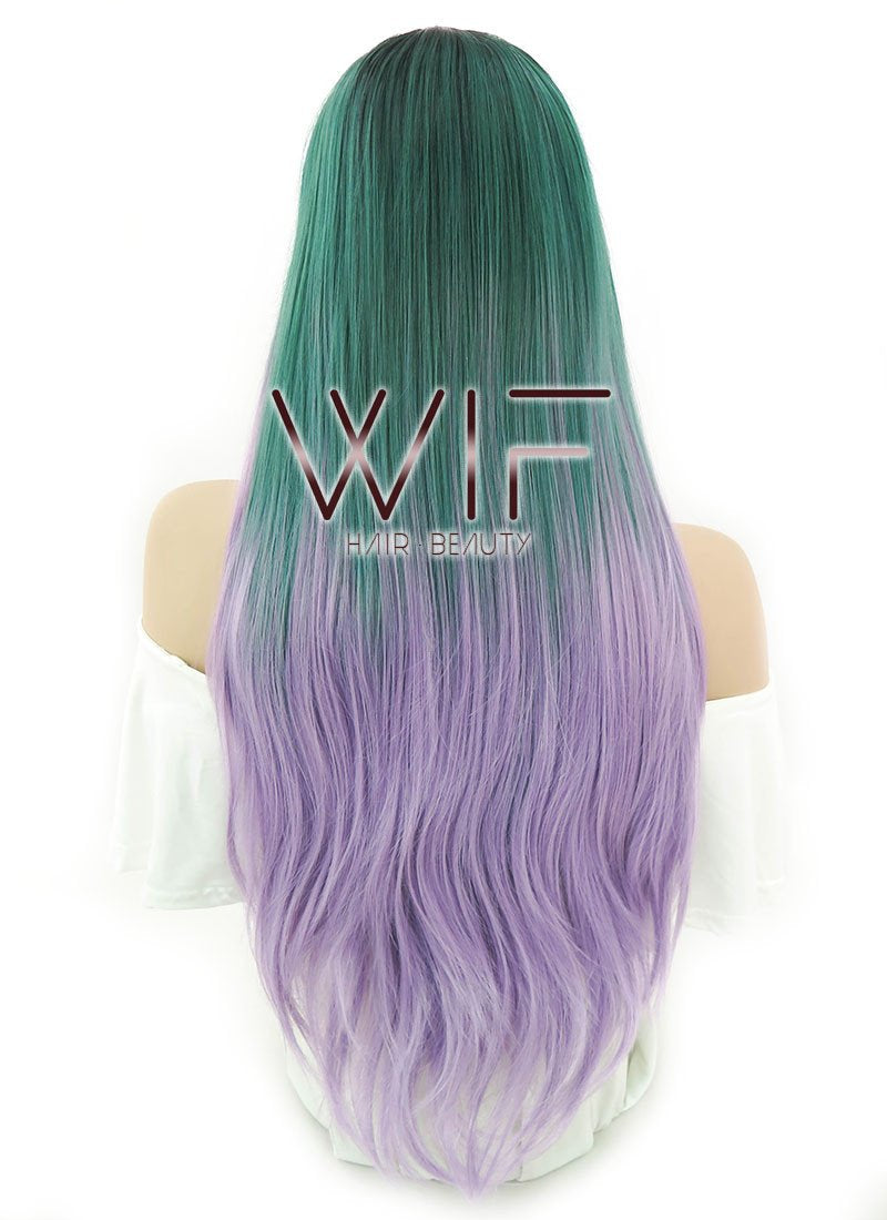 28" Straight Green Purple Ombre With Dark Roots Lace Front Synthetic Wig LF830