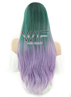 28" Straight Green Purple Ombre With Dark Roots Lace Front Synthetic Wig LF830