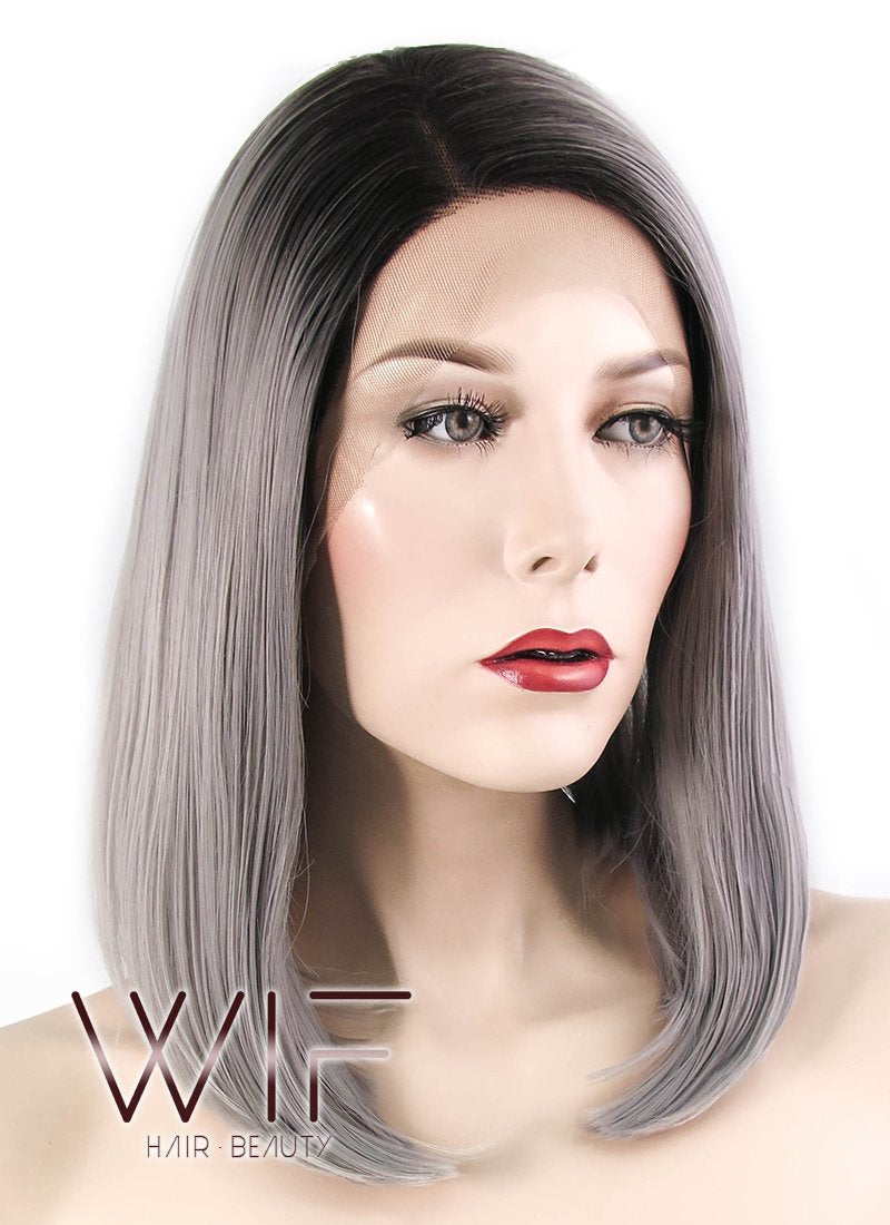12" Straight Grey With Dark Roots Lace Front Synthetic Wig LF837