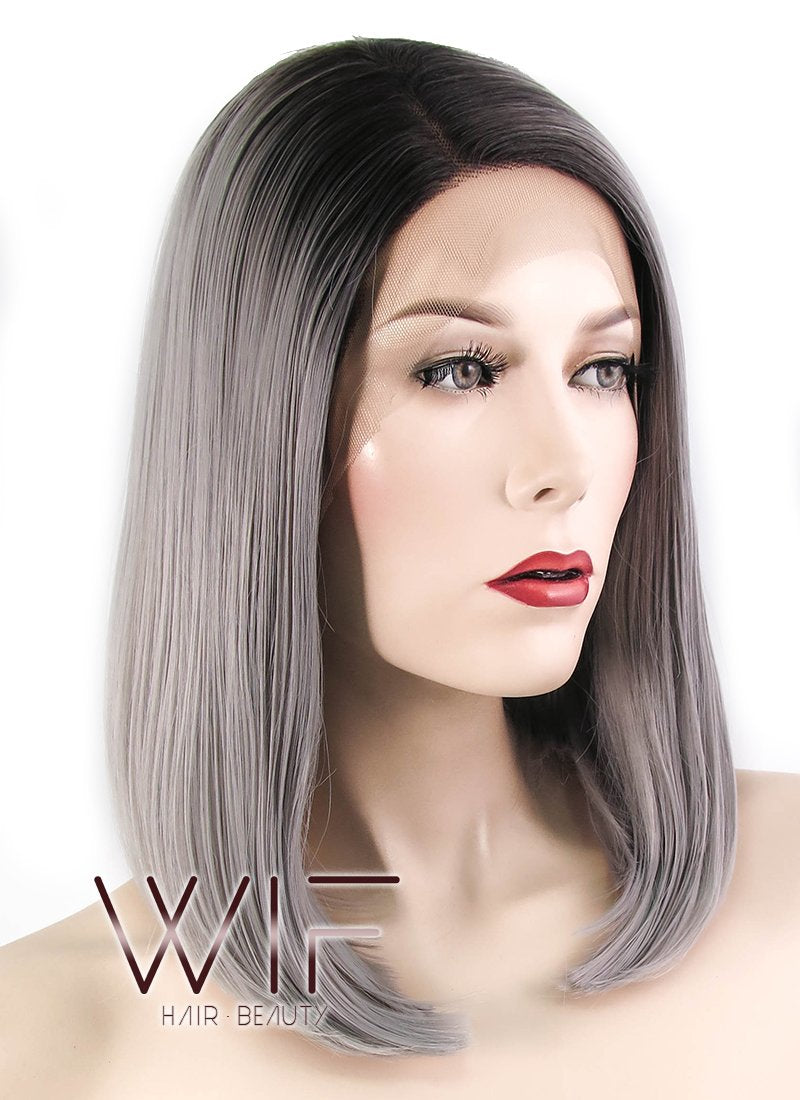 12" Straight Grey With Dark Roots Lace Front Synthetic Wig LF837