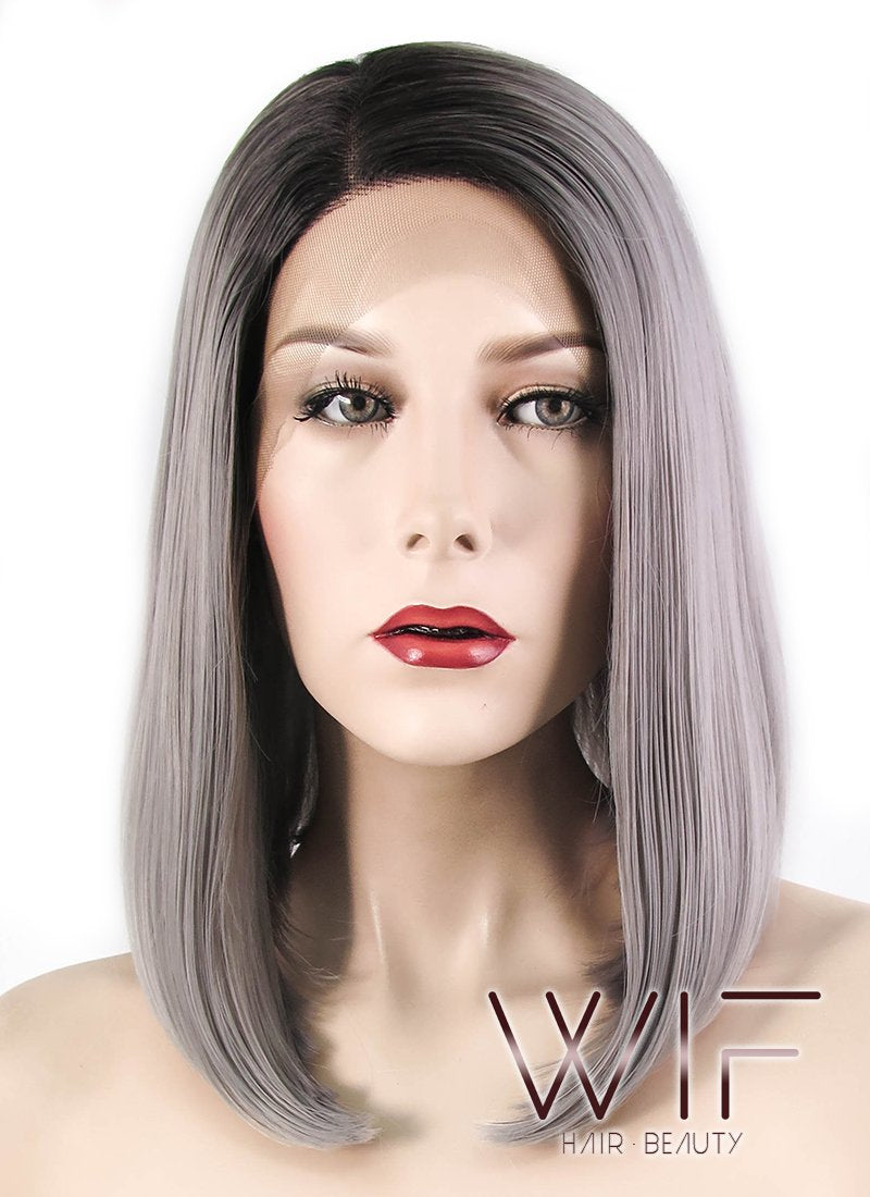 12" Straight Grey With Dark Roots Lace Front Synthetic Wig LF837