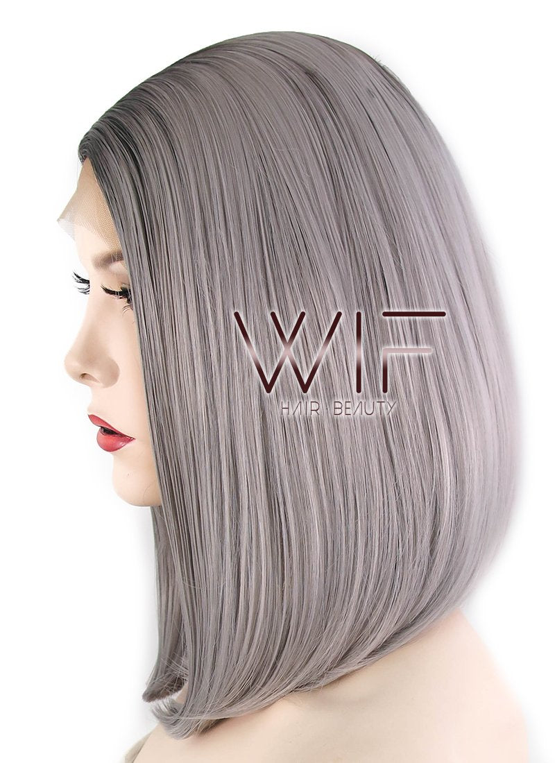 12" Straight Grey With Dark Roots Lace Front Synthetic Wig LF837