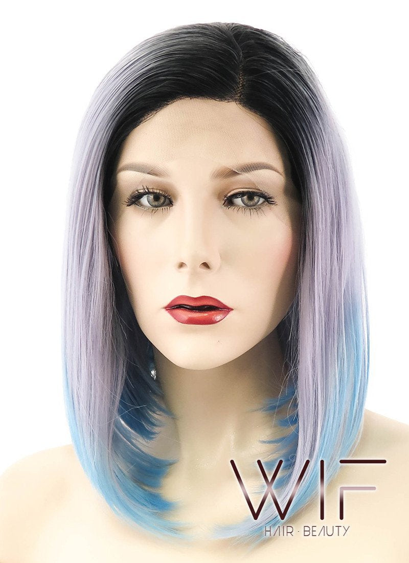 14" Straight Grey Blue Ombre With Dark Roots Lace Front Synthetic Wig LF838