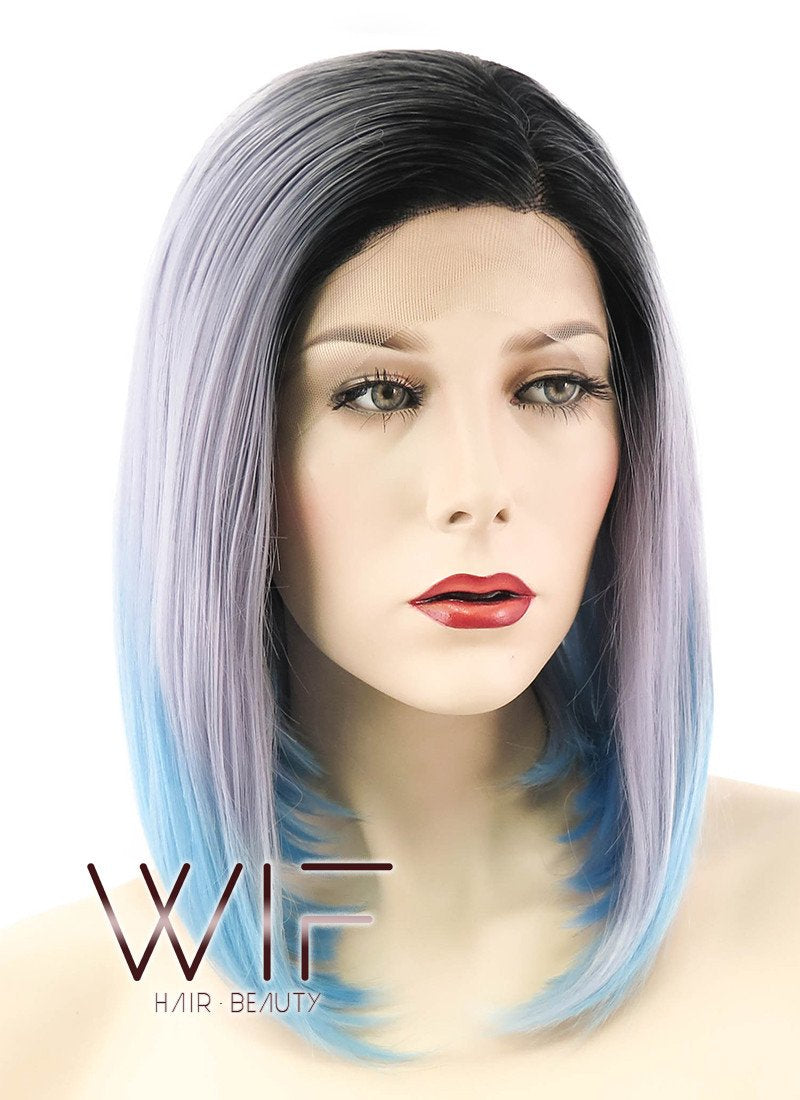 14" Straight Grey Blue Ombre With Dark Roots Lace Front Synthetic Wig LF838
