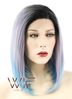 14" Straight Grey Blue Ombre With Dark Roots Lace Front Synthetic Wig LF838
