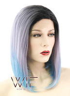 14" Straight Grey Blue Ombre With Dark Roots Lace Front Synthetic Wig LF838