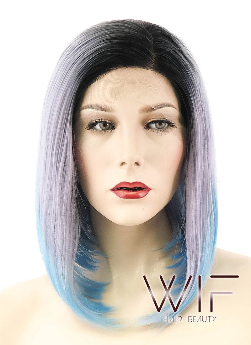 14" Straight Grey Blue Ombre With Dark Roots Lace Front Synthetic Wig LF838