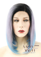 14" Straight Grey Blue Ombre With Dark Roots Lace Front Synthetic Wig LF838