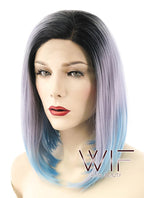 14" Straight Grey Blue Ombre With Dark Roots Lace Front Synthetic Wig LF838