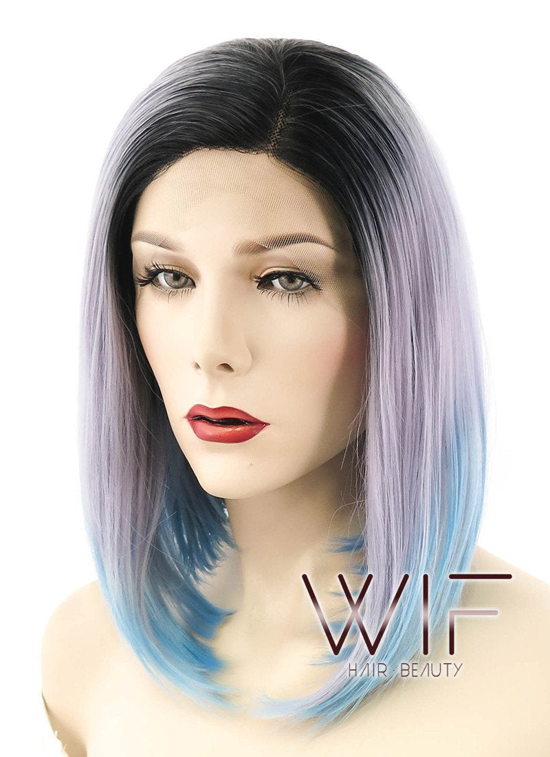 14" Straight Grey Blue Ombre With Dark Roots Lace Front Synthetic Wig LF838
