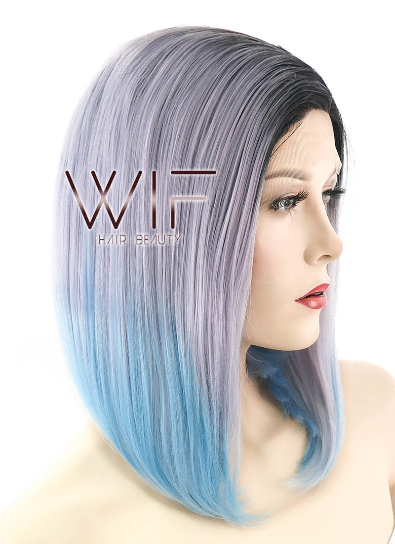 14" Straight Grey Blue Ombre With Dark Roots Lace Front Synthetic Wig LF838