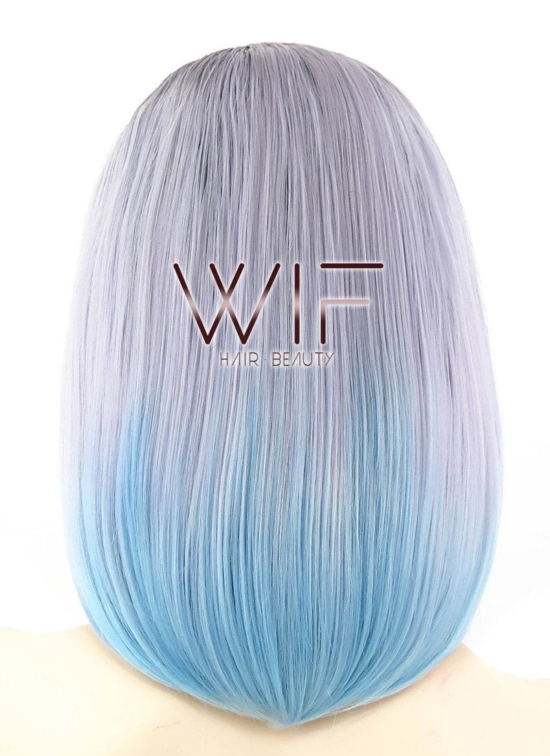 14" Straight Grey Blue Ombre With Dark Roots Lace Front Synthetic Wig LF838