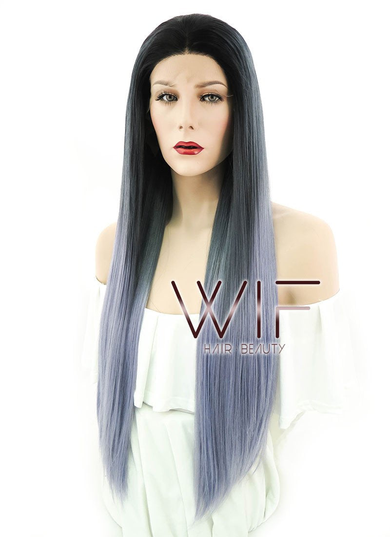 24" Straight Two Tone Grey With Dark Roots Lace Front Synthetic Wig LF843