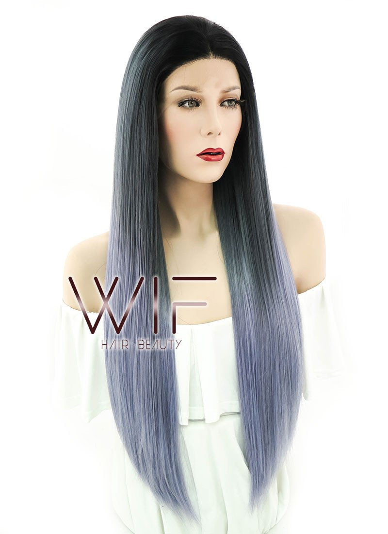 24" Straight Two Tone Grey With Dark Roots Lace Front Synthetic Wig LF843