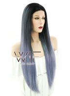 24" Straight Two Tone Grey With Dark Roots Lace Front Synthetic Wig LF843