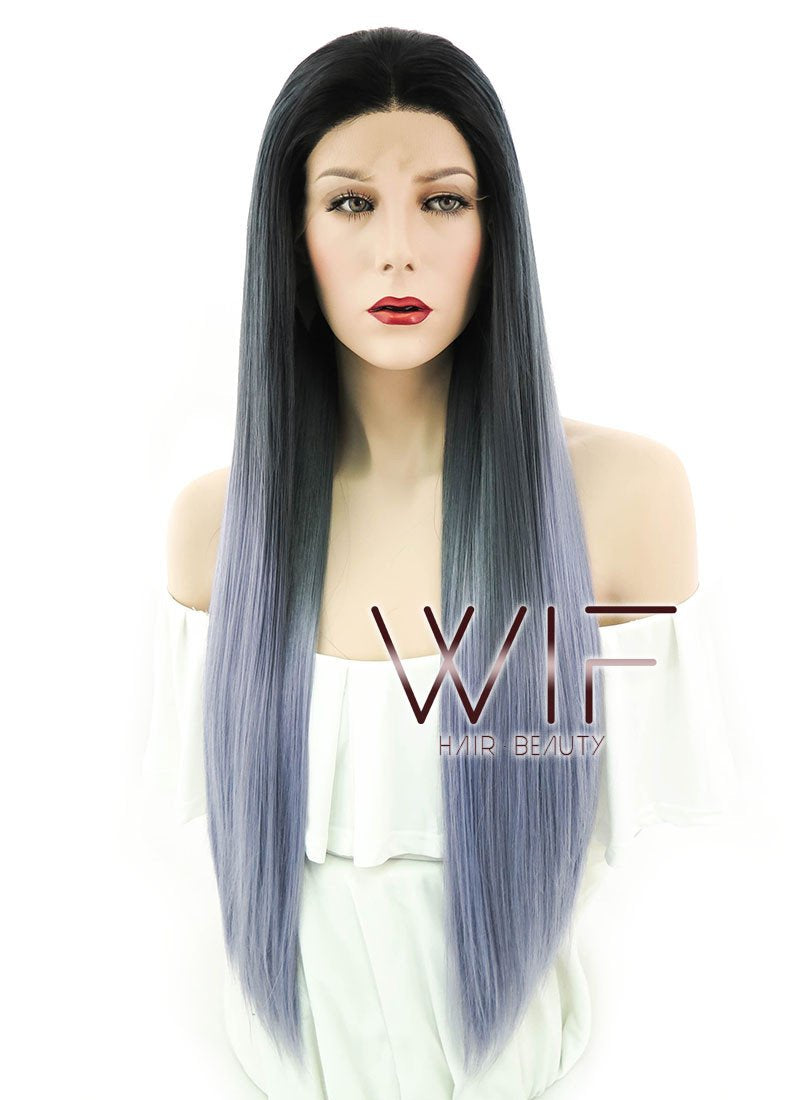 24" Straight Two Tone Grey With Dark Roots Lace Front Synthetic Wig LF843