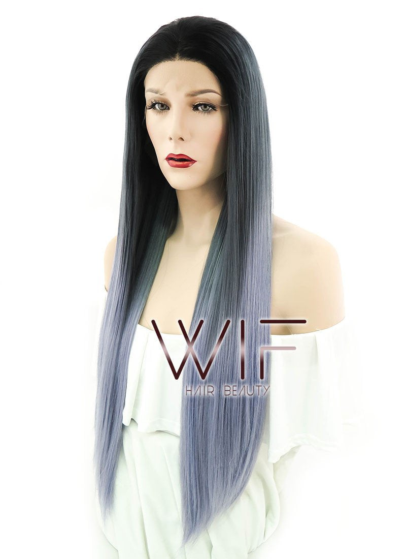 24" Straight Two Tone Grey With Dark Roots Lace Front Synthetic Wig LF843
