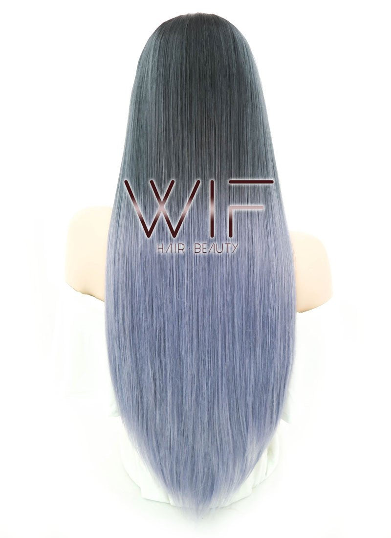 24" Straight Two Tone Grey With Dark Roots Lace Front Synthetic Wig LF843