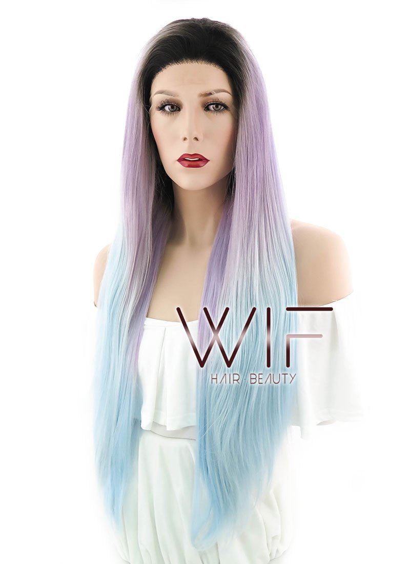 26" Straight Pink Blue Ombre With Dark Roots Lace Front Synthetic Wig LF847