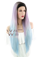 26" Straight Pink Blue Ombre With Dark Roots Lace Front Synthetic Wig LF847