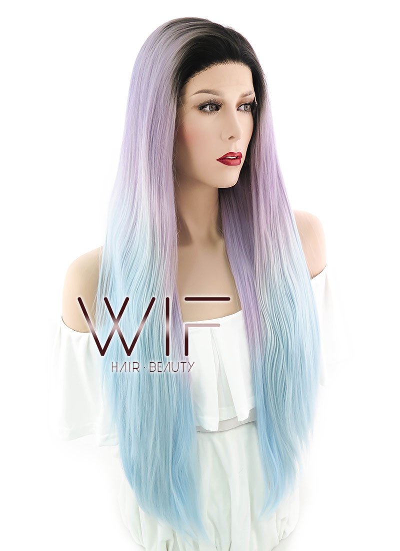 26" Straight Pink Blue Ombre With Dark Roots Lace Front Synthetic Wig LF847