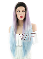 26" Straight Pink Blue Ombre With Dark Roots Lace Front Synthetic Wig LF847