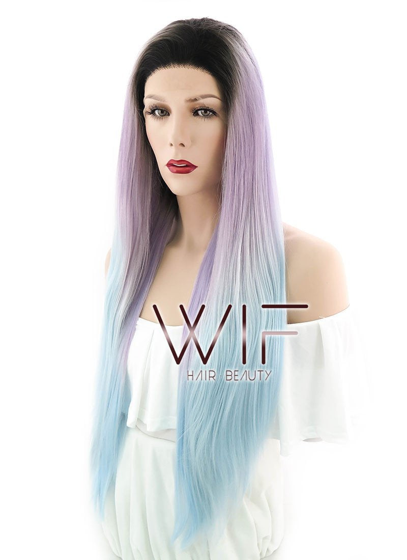 26" Straight Pink Blue Ombre With Dark Roots Lace Front Synthetic Wig LF847