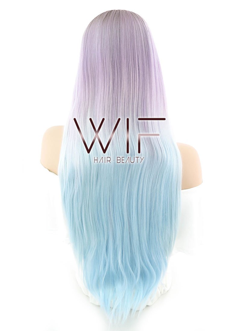 26" Straight Pink Blue Ombre With Dark Roots Lace Front Synthetic Wig LF847