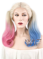 16" Wavy Blonde Harley Quinn Synthetic Pink Blue Ponytail Lace Front Wig LF853E