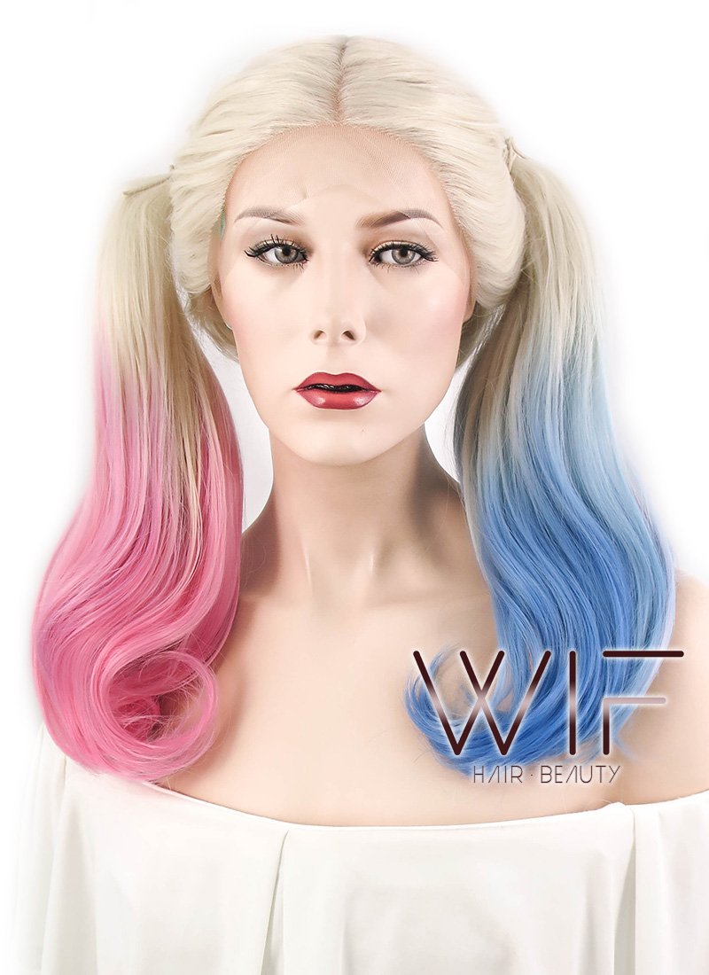 16" Wavy Blonde Harley Quinn Synthetic Pink Blue Ponytail Lace Front Wig LF853E