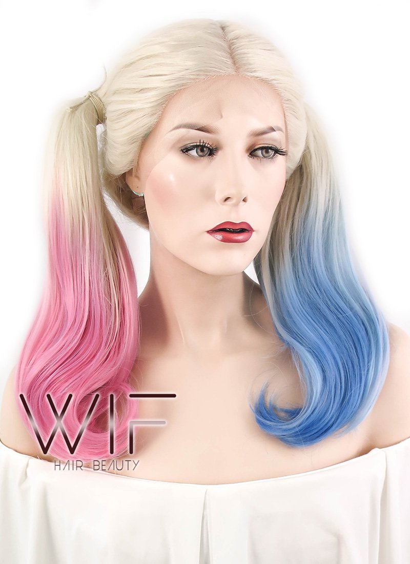 16" Wavy Blonde Harley Quinn Synthetic Pink Blue Ponytail Lace Front Wig LF853E
