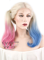 16" Wavy Blonde Harley Quinn Synthetic Pink Blue Ponytail Lace Front Wig LF853E