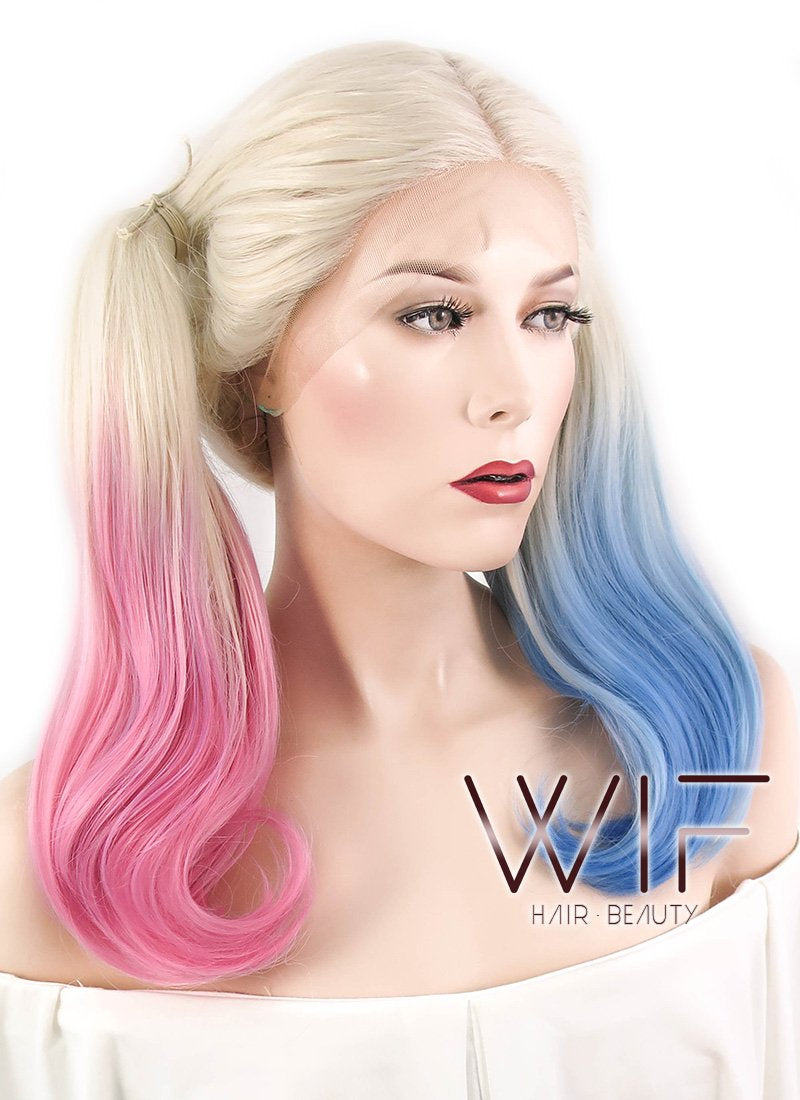 16" Wavy Blonde Harley Quinn Synthetic Pink Blue Ponytail Lace Front Wig LF853E