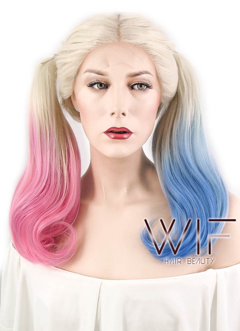 16" Wavy Blonde Harley Quinn Synthetic Pink Blue Ponytail Lace Front Wig LF853E