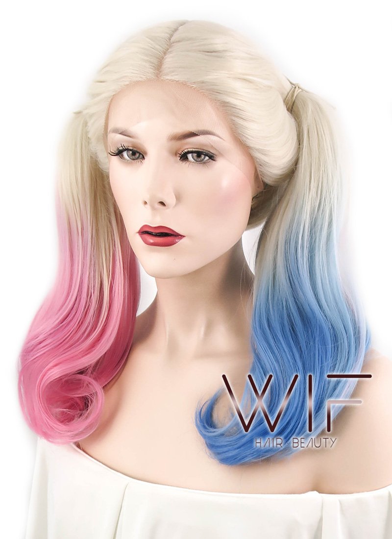16" Wavy Blonde Harley Quinn Synthetic Pink Blue Ponytail Lace Front Wig LF853E