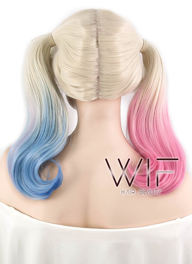 16" Wavy Blonde Harley Quinn Synthetic Pink Blue Ponytail Lace Front Wig LF853E
