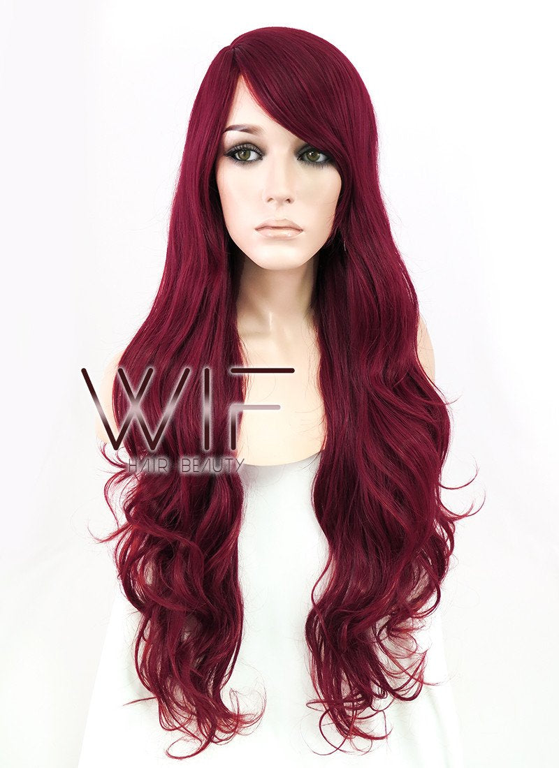 30" Wavy Dark Red Synthetic Wig MB80