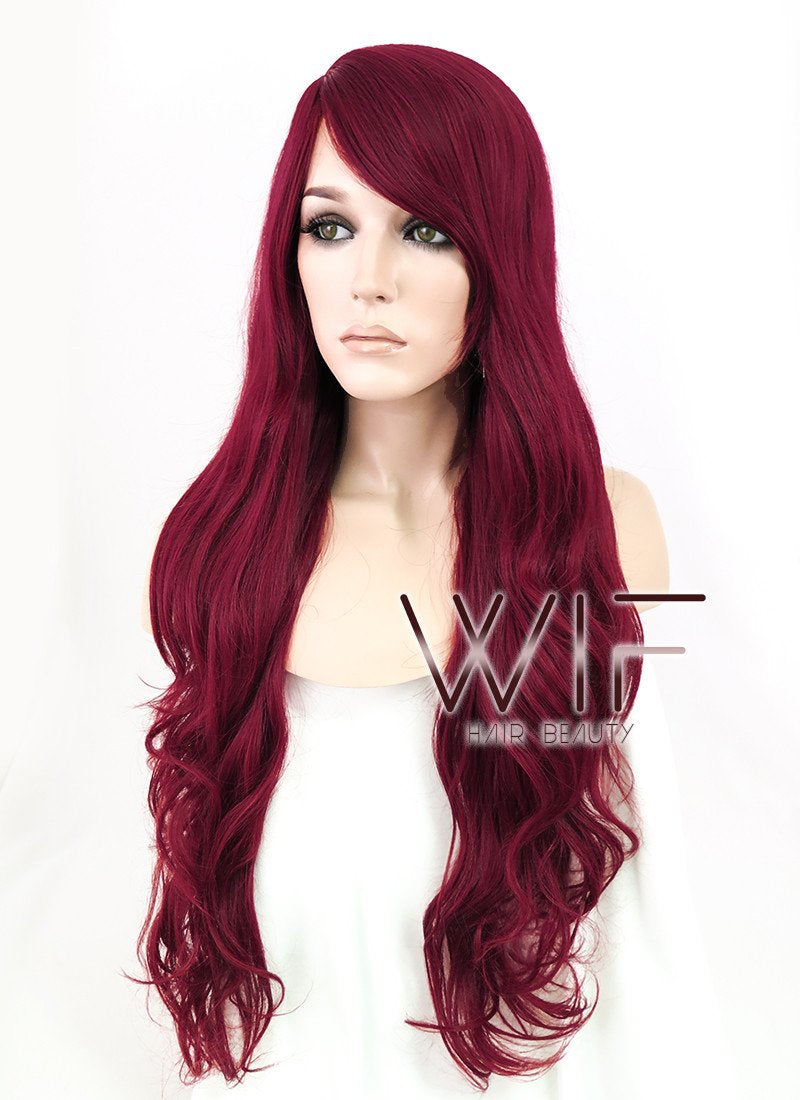 30" Wavy Dark Red Synthetic Wig MB80