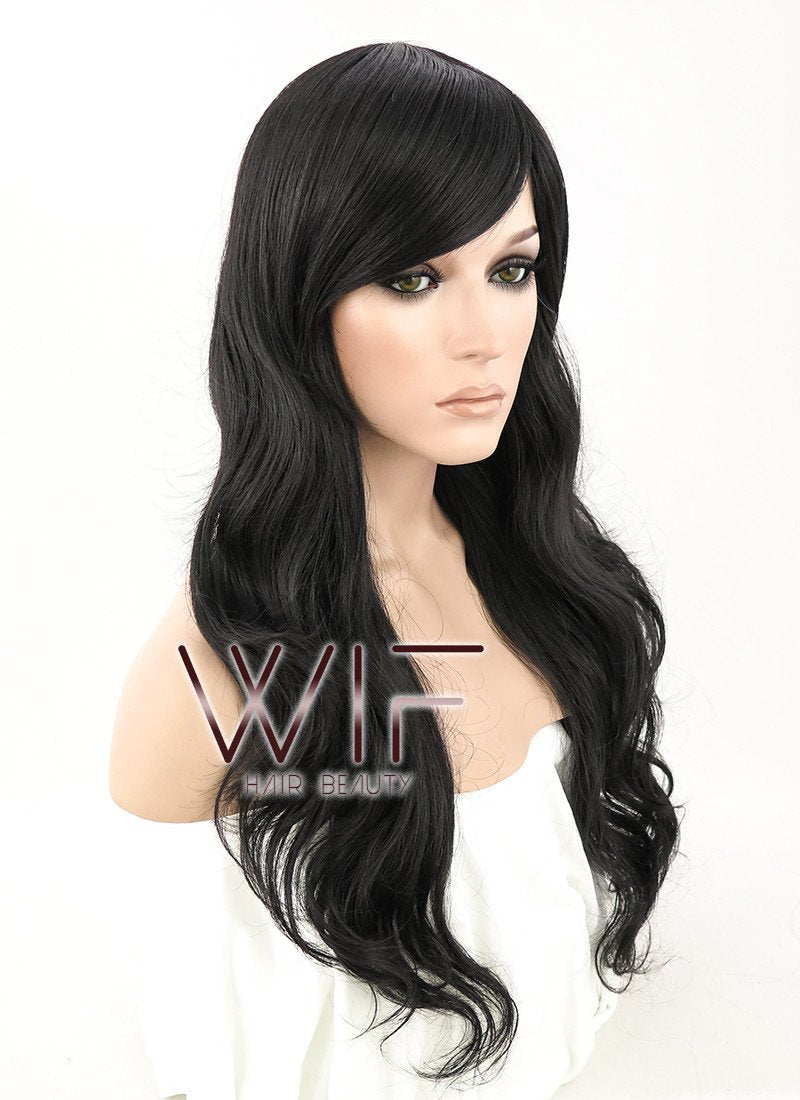24" Heat Resistant Long Wavy Jet Black Fashion Hair Wig MS01