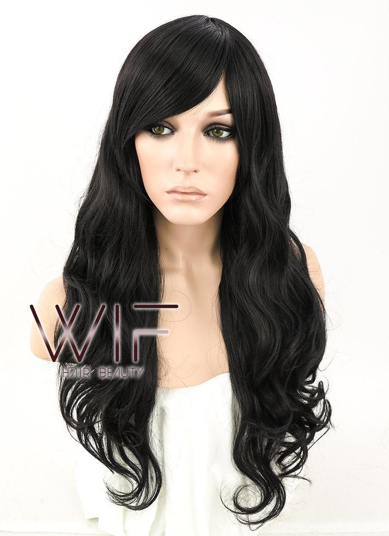 24" Heat Resistant Long Wavy Jet Black Fashion Hair Wig MS01